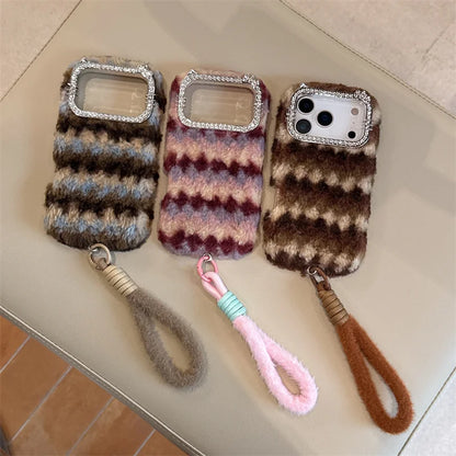 【もこもこチェック】ふわふわ マルチカラー × ストラップ付きケース｜iPhone対応 #240909