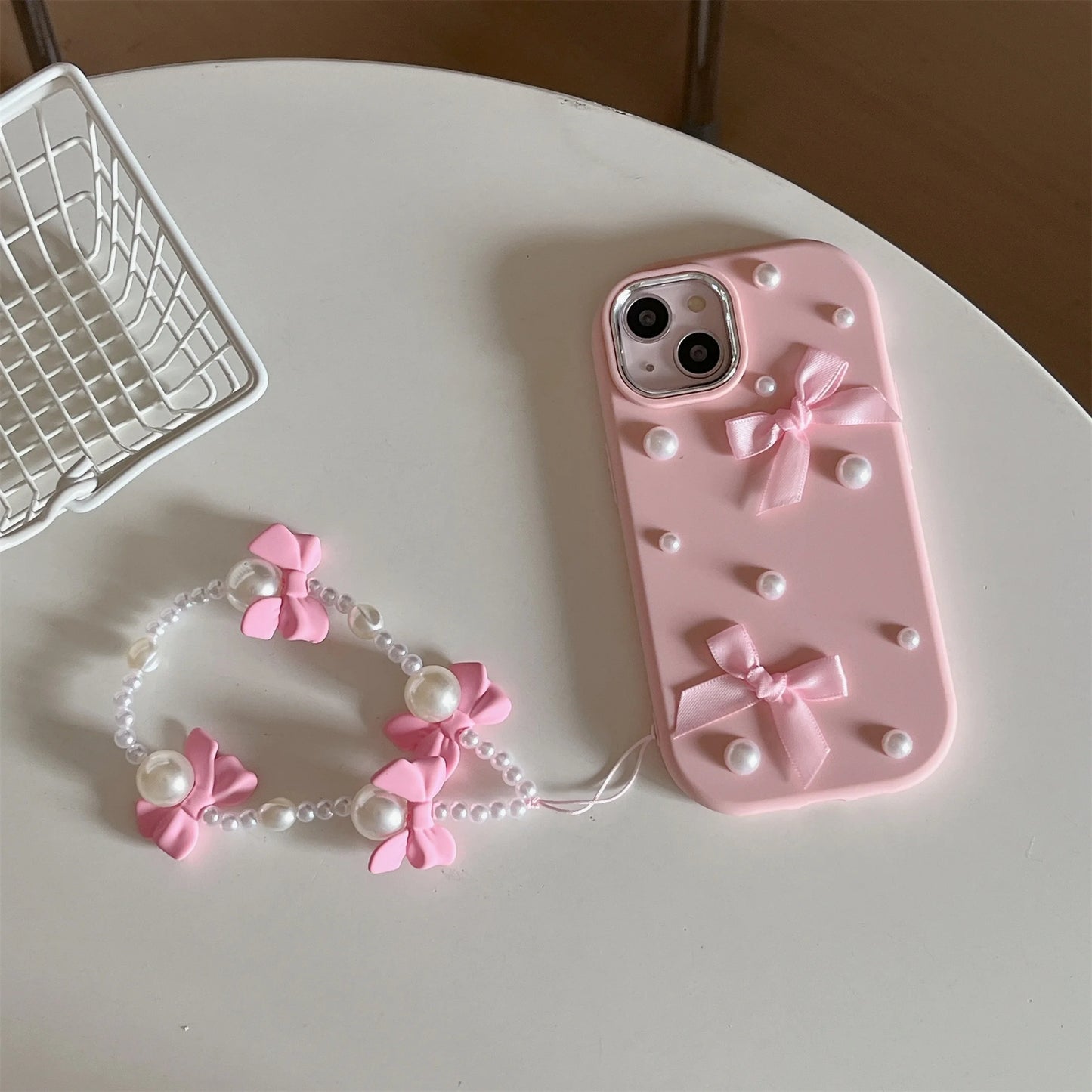 【パールリボン】立体リボン＆パール ストラップ付き デコスマホケース｜iPhone対応 #250727