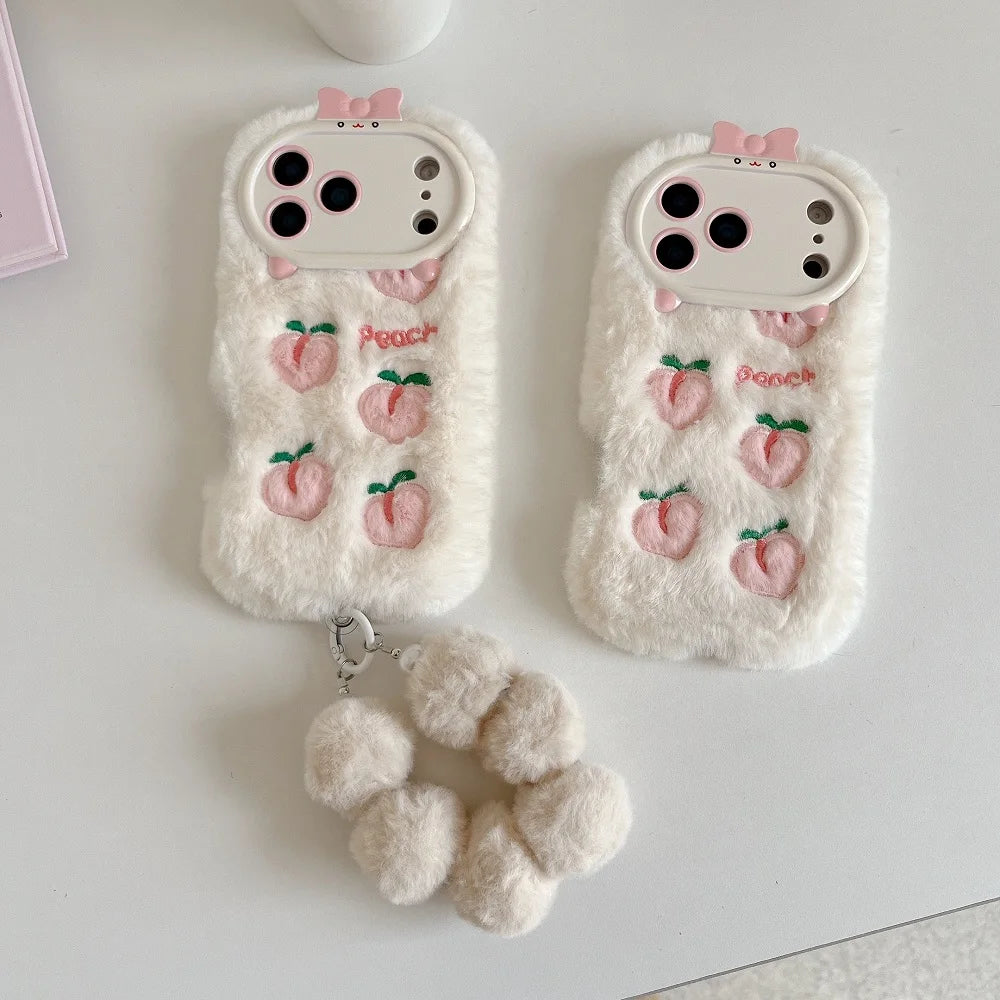 【ピーチファーリボン】もこもこピーチ×リボンカメラカバー スマホケース｜iPhone対応  #250113