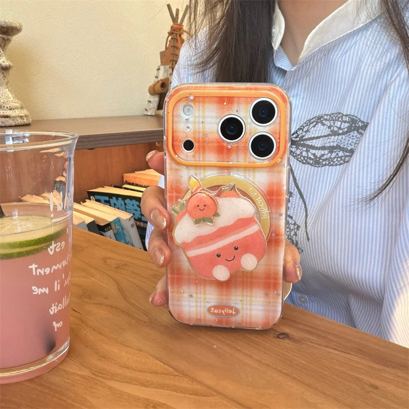 【Magnet内蔵】クリームケーキ オレンジ ギンガムチェック スマホケース｜ゆるかわポップソケット｜iPhone対応 #241203