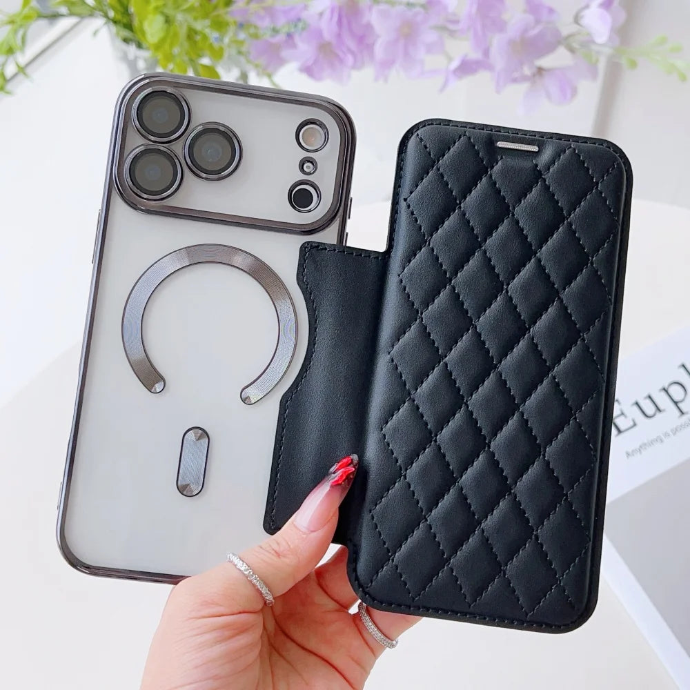 キルティング レザー調 手帳型 iPhoneケース｜クリアケース・マグネット内蔵 #240305