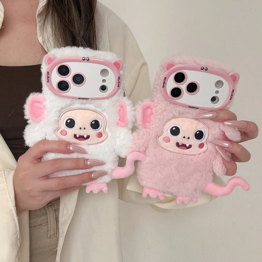 【アニマルフェイスシリーズ】ピンク＆ホワイト モンキー スマホケース｜ふわもこ立体デザイン × 尻尾付き｜iPhone対応 #241129