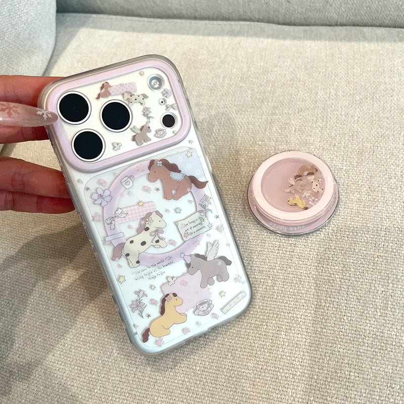 ユニコーンホース イラストiPhoneケース｜パステル動物柄・クリアグリップ付き #240428