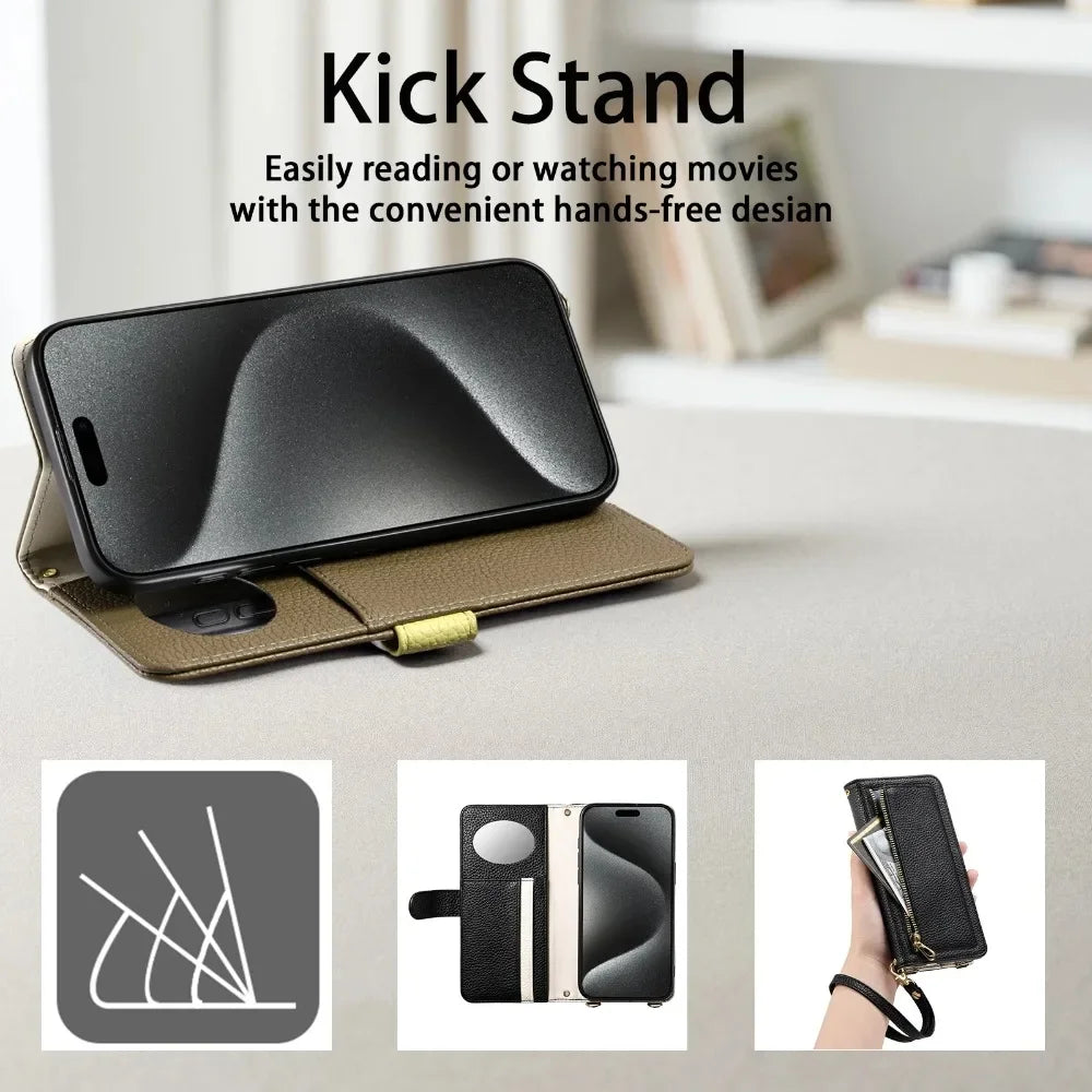 【ブックスタイル】レザー調 財布一体型 手帳型 iPhoneケース｜ファスナー収納・ミラー付き #240201