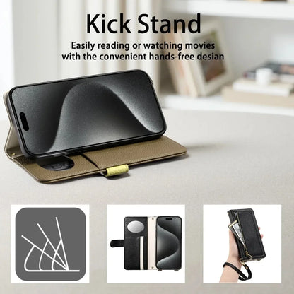 【ブックスタイル】レザー調 財布一体型 手帳型 iPhoneケース｜ファスナー収納・ミラー付き #240201