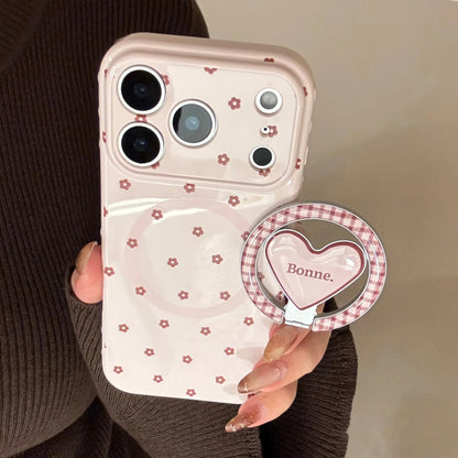 【マグネット式折りたたみハートスタンド付き】リボン × プチフラワー 小花 ハートスタンドスマホケース｜iPhone対応 #240628