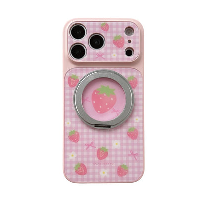 【フルーツ柄】ギンガムチェック iPhoneケース 回転リングスタンド付き ｜かわいい ポップ #260021