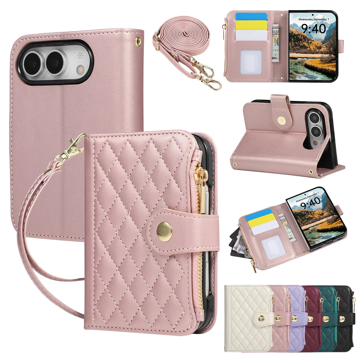 iPhone Duo ショルダーストラップ付き キルティング手帳型 マグネット内蔵 iPhoneケース (全6色) エレガント・クラシカル #261224
