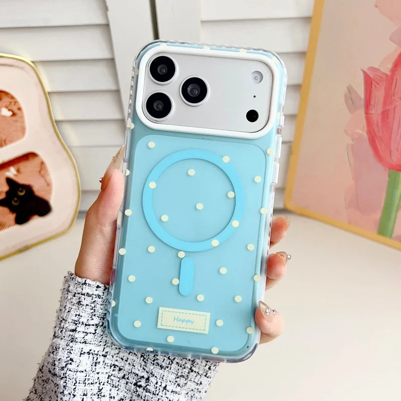 ハートグリップ ビーズストラップ付き ドット柄 韓国風 iPhoneケース #240509