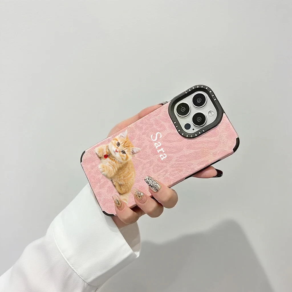 【カスタムNAMEシリーズ】ペット写真 × カスタム ネーム 印字 ピンクレオパード スマホケース｜iPhone対応 #241006