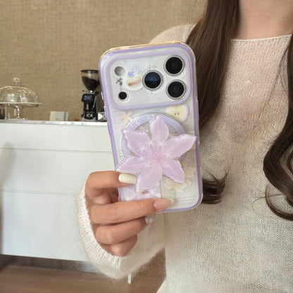 フラワーモチーフ パープル ゆり Magnet内蔵 立体グリップ付き iPhoneケース #231125