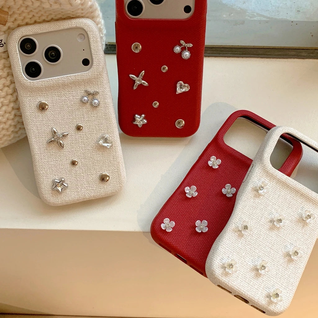 フラワー チェリーモチーフ iPhoneケース｜ビジュー装飾・布調デザイン #240530