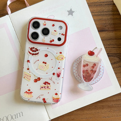 チェリーサンデー パフェ Magnet内蔵 グリップ付き クリア iPhoneケース #240119