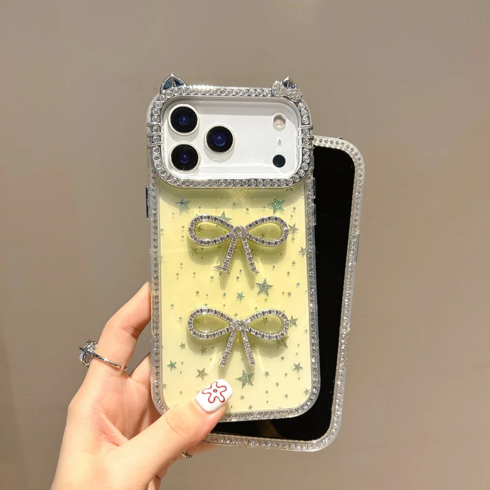 【猫耳シリーズ】ストーン付きリボン ラメデザイン キラキラスマホケース｜iPhone対応 #251203