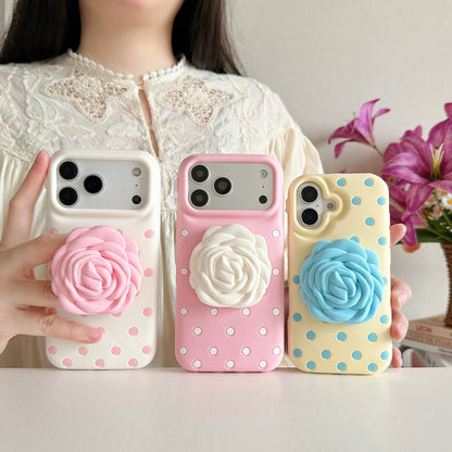 3D 立体ローズグリップ付き ドット柄 iPhoneケース｜ストラップ・フェミニンデザイン #231207