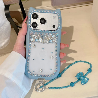 猫耳シリーズ キラキラ リボン ビジューストラップ付き カラーフレーム クリア iPhoneケース #230721