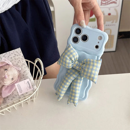 【ウェーブフレーム】ぷっくり 立体 ギンガムチェックリボン スマホケース｜iPhone対応 #241230