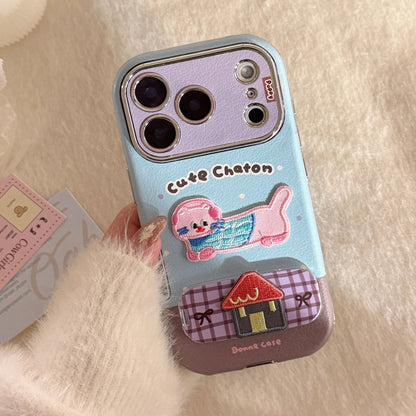 【HAPPYアニマルシリーズ】ヘッドホン わんこ ネコ 刺繍 × ふんわりガーリー ソフトレザー調ケース｜iPhone対応 #240826