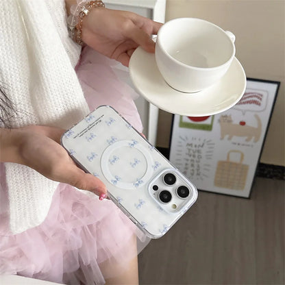 【淡ブルーリボン×グリップ付き】ガーリー 透明クリアケース｜iPhone対応 #250510