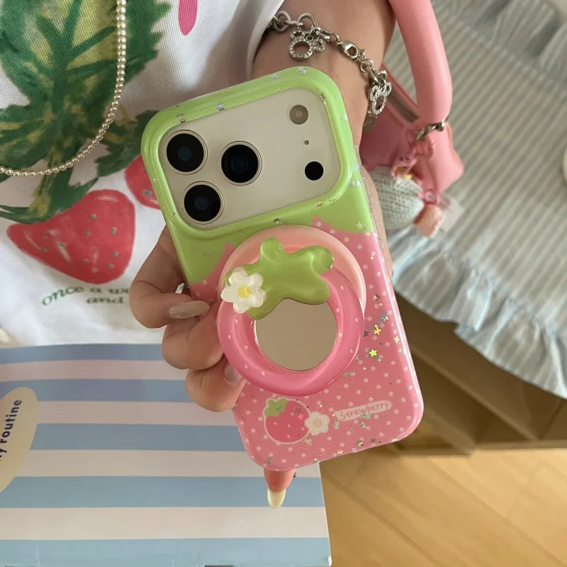 ストロベリードット ミラーグリップ付き iPhoneケース｜いちごイラスト・3Dフルーツグリップ #240429