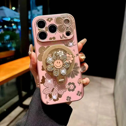 【フラワーシリーズ】キラキラ立体スマイルフラワー＆バタフライ デザインスマホケース｜iPhone対応 #251211