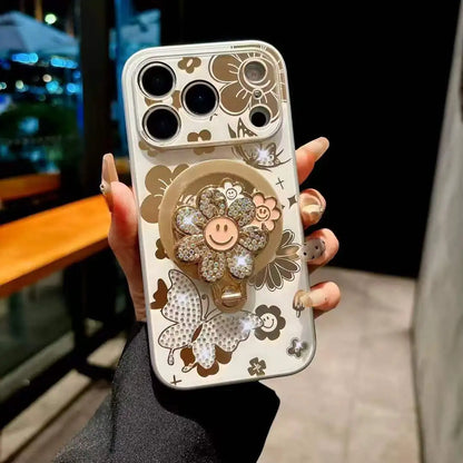 【フラワーシリーズ】キラキラ立体スマイルフラワー＆バタフライ デザインスマホケース｜iPhone対応 #251211