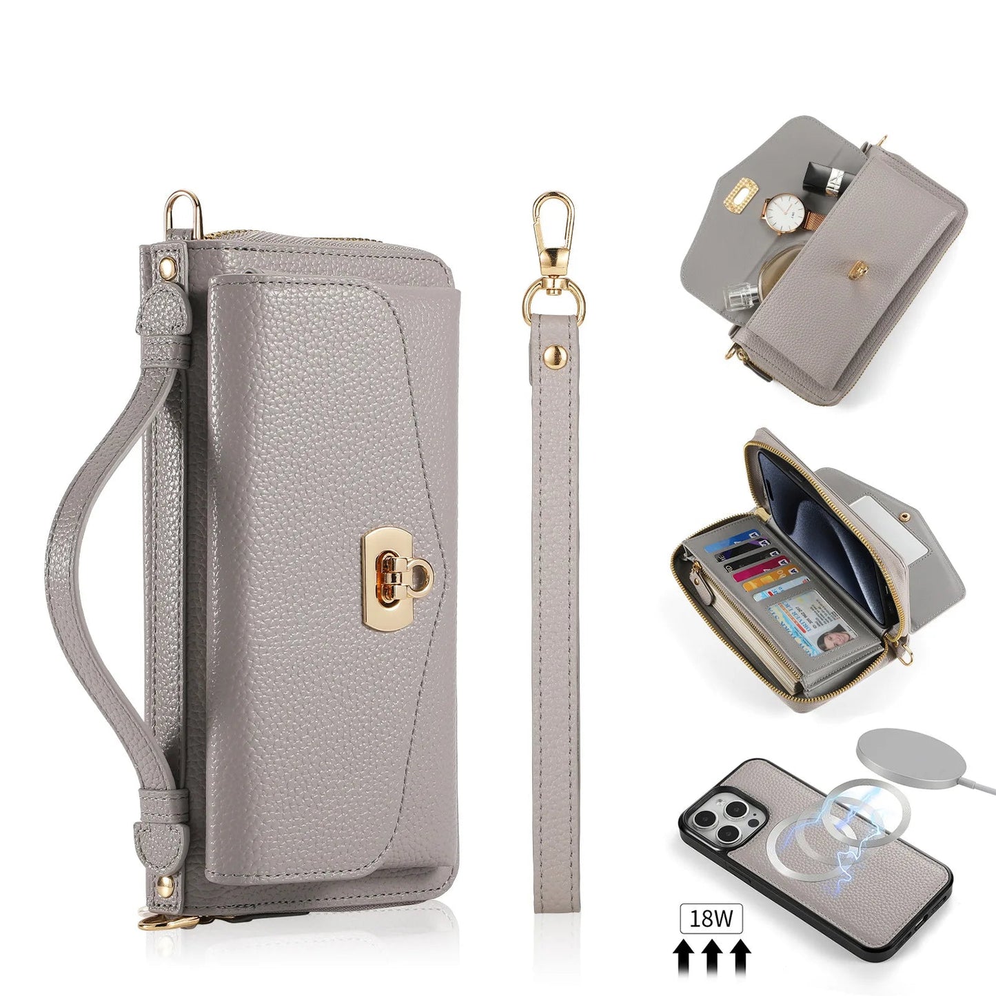 【ウォレットスタイル】財布一体型 分離式レザー調 ブックスタイル 手帳型 iPhoneケース｜ラウンドファスナー・ショルダー対応 #240204