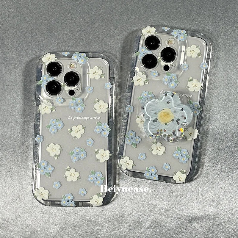 【クリアフラワーグリップ】立体フラワー付き 透明スマホケース｜iPhone対応