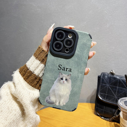 【カスタムNAMEシリーズ】ペット写真×ネーム入り スエード調 フォトケース｜iPhone対応 #241007