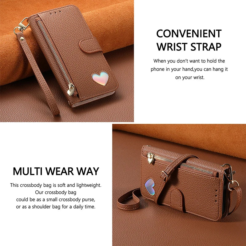 【ブックスタイル】ハートモチーフ レザー調 財布一体型 手帳タイプ iPhoneケース｜ショルダーストラップ付き #240205