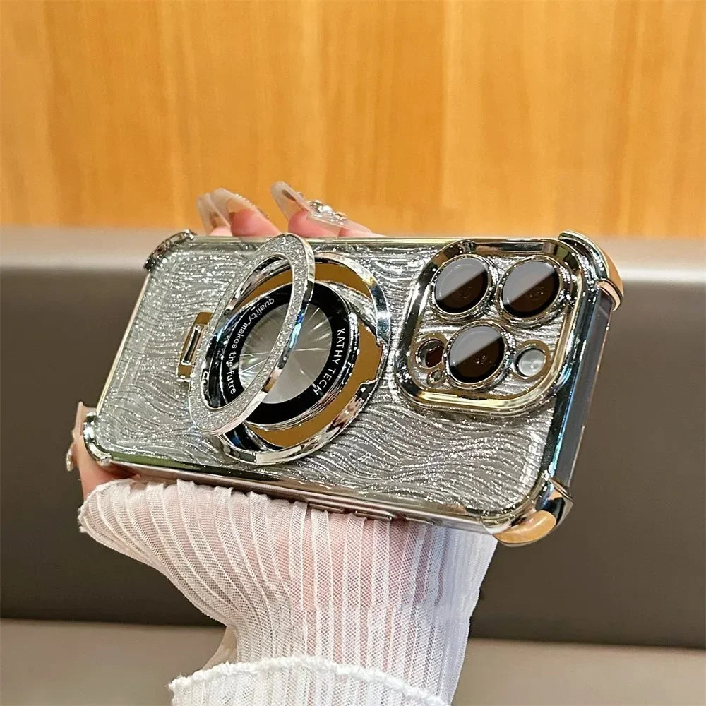 【Magsafe対応】高級感 ゴールド×ラメ リング付き iPhoneケース｜耐衝撃・スタンド機能・キラキラデザイン｜iPhone対応 #250407
