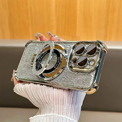 【折りたたみリングスタンド】高級感 ゴールド×ラメ リング付き iPhoneケース｜耐衝撃・スタンド機能・キラキラデザイン｜iPhone対応 #250407