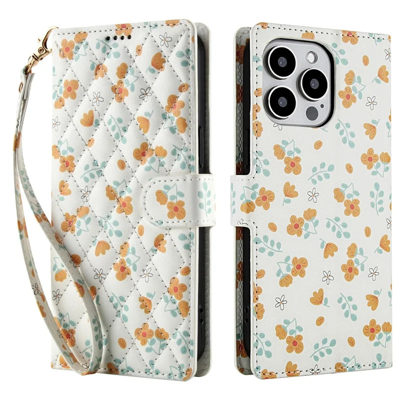 【ブックスタイル】花柄 フラワーキルティング ストラップ付き 手帳型 iPhoneケース｜カード収納 ショルダー対応 #240110
