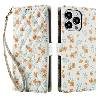 【ブックスタイル】花柄 フラワーキルティング ストラップ付き 手帳型 iPhoneケース｜カード収納 ショルダー対応 #240110