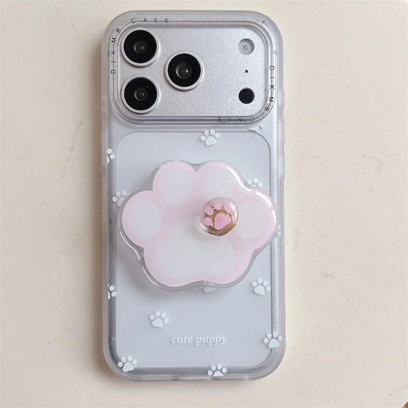 ホワイト 肉球 くるくる回る グリップ 足跡 iPhoneケース #231001