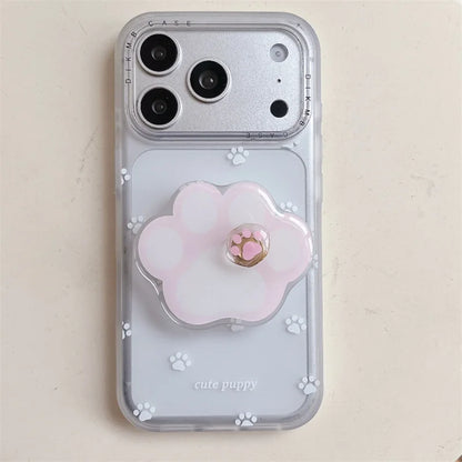 ホワイト 肉球 くるくる回る グリップ 足跡 iPhoneケース #231001