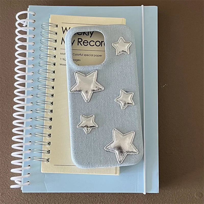 【スターシルバー】メタリック 星柄 × デニムスマホケース｜iPhone対応 #250129