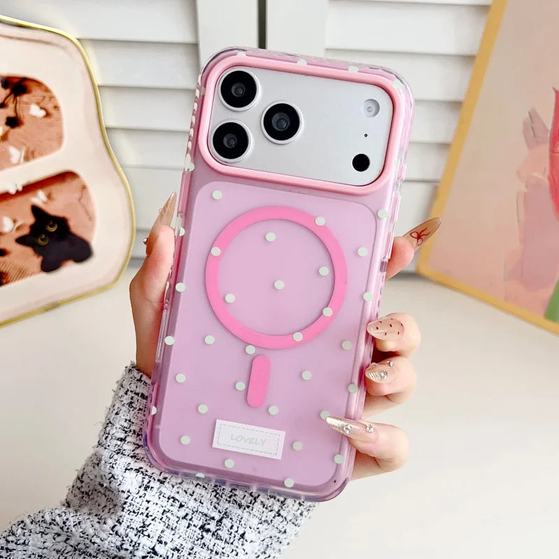 ハートグリップ ビーズストラップ付き ドット柄 韓国風 iPhoneケース #240509