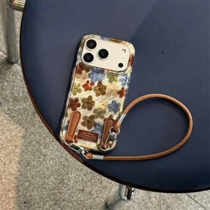 【フラワーパールスタンド】マーブル調×花柄 レザーチャーム付き スマホケース｜iPhone対応 #250312