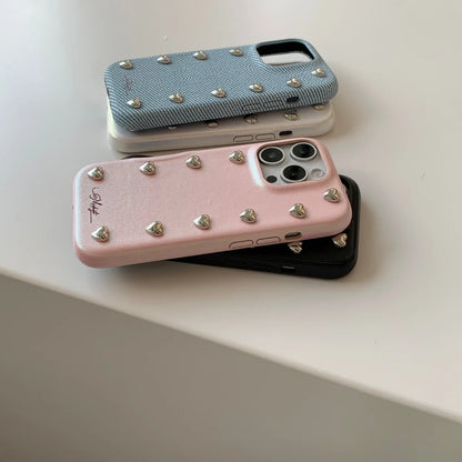 【ハートスタッズシリーズ】シルバーハート レザー デニム調 デザインスマホケース｜iPhone対応 #251217