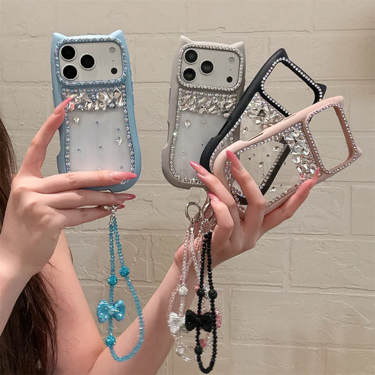 猫耳シリーズ キラキラ リボン ビジューストラップ付き カラーフレーム クリア iPhoneケース #230721