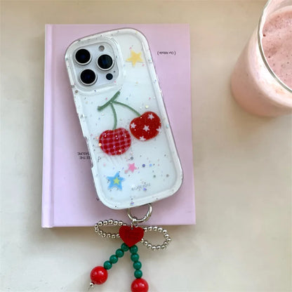 【フルーツシリーズ】赤チェック＆星柄チェリー ポップデザイン クリアスマホケース｜iPhone対応 #251008