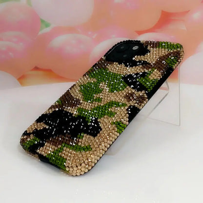 【キラキラビジューシリーズ】カモフラージュ 迷彩柄 フルラインストーン デコ スマホケース｜iPhone対応 #260121