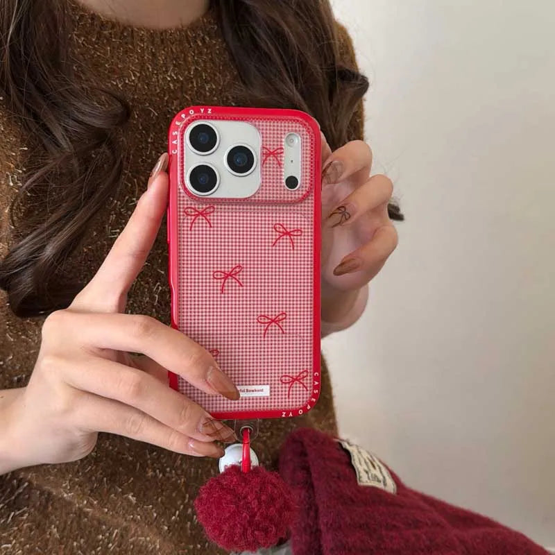 【レッドリボン・ハート】ポンポンチャーム付き スマホケース｜iPhone対応 #241020