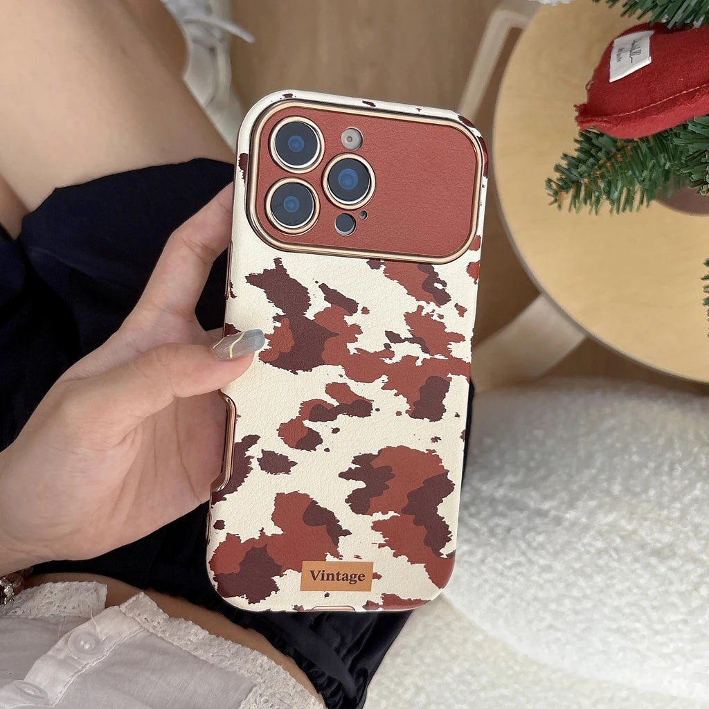 【ヴィンテージカウレザー】ブラウン牛柄×レザー調 スマホケース｜iPhone対応 #250122