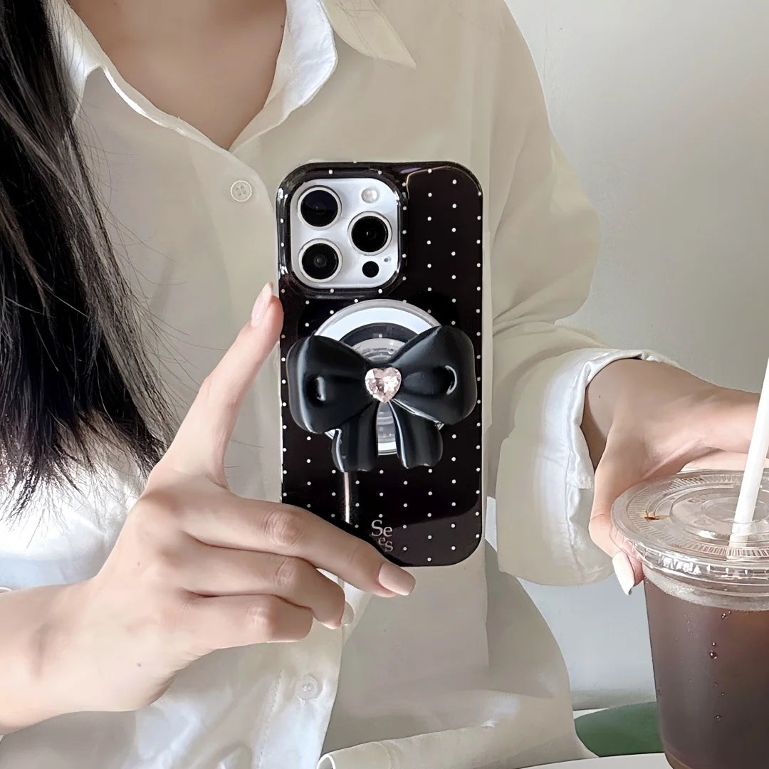 【Magnet内蔵】ドット × 3D リボングリップ ガーリー スマホケース｜iPhone対応 #241003