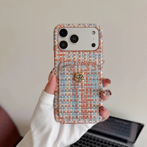 【ツイード調 】iPhoneケース カメリアボタン カードポケット付き｜上品エレガント・高見え #260012