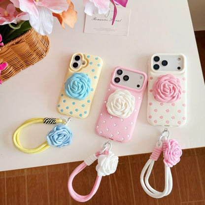 3D 立体ローズグリップ付き ドット柄 iPhoneケース｜ストラップ・フェミニンデザイン #231207