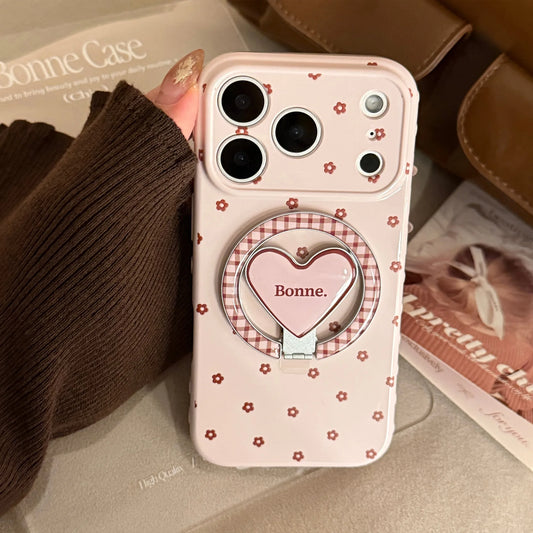 【マグネット式折りたたみハートスタンド付き】リボン × プチフラワー 小花 ハートスタンドスマホケース｜iPhone対応 #240628