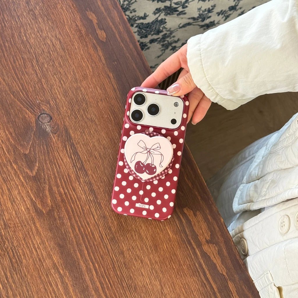 チェリーハート グリップ付き ドット 水玉 デザイン iPhoneケース #240513